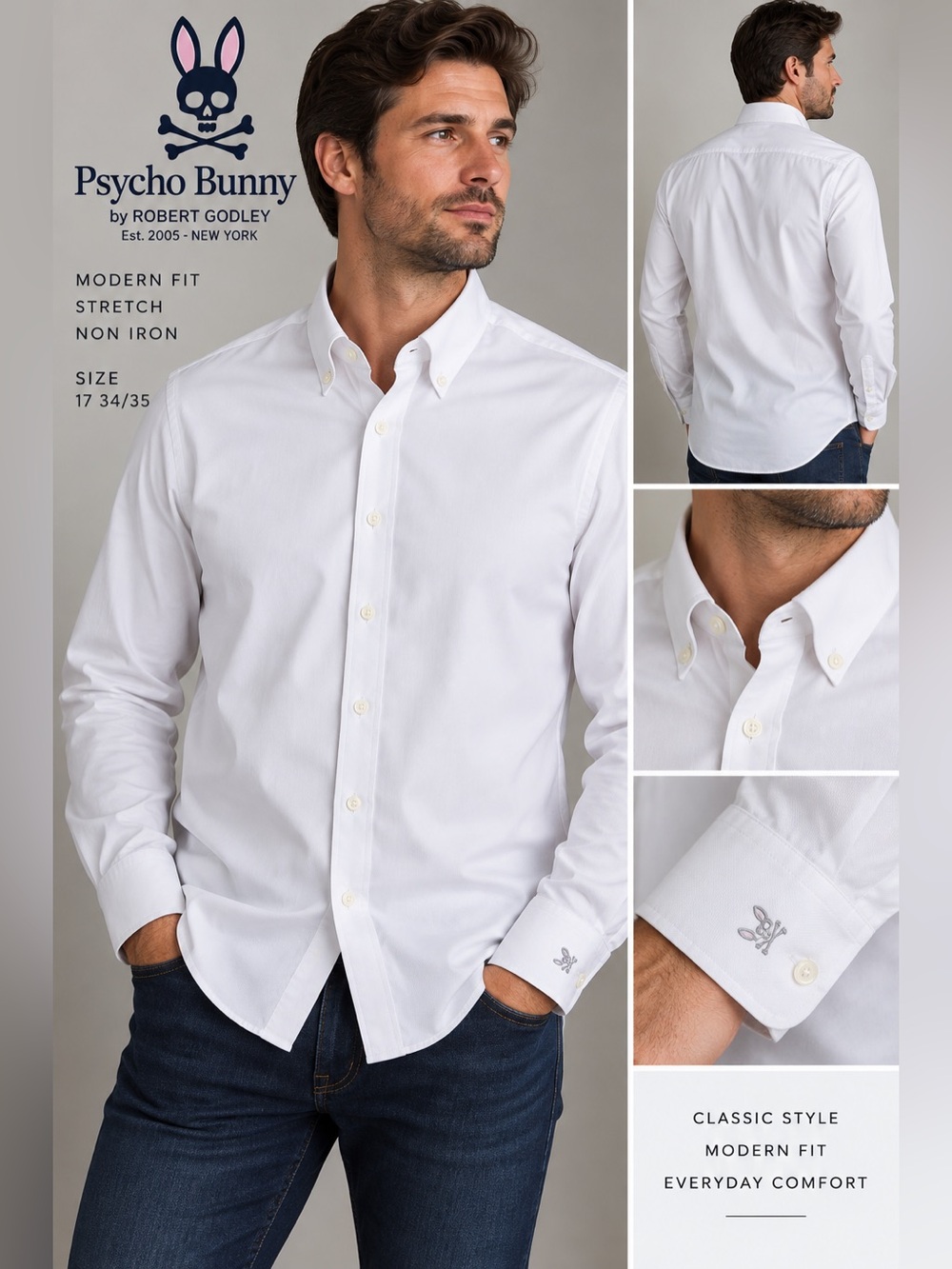 Psycho Bunny Mens 17 34/35 White Dress Shirt Modern Fit Stretch Non Iron Logo